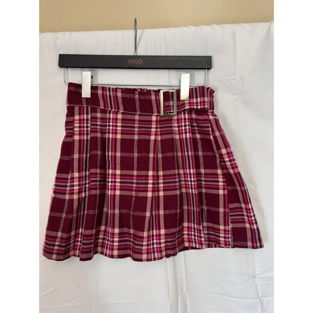 Justice Girls XL 16/18 Plaid Pleated Skort Burgundy Pink‎ Buckle Accent 473172A